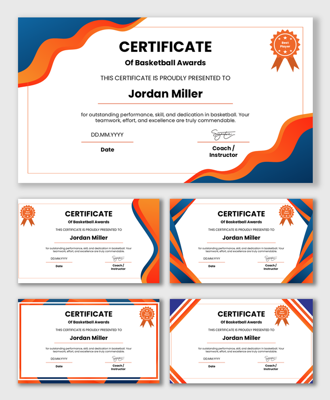 Basketball award certificates with orange blue borders, best player badge, text fields for name, date, and coach signature.