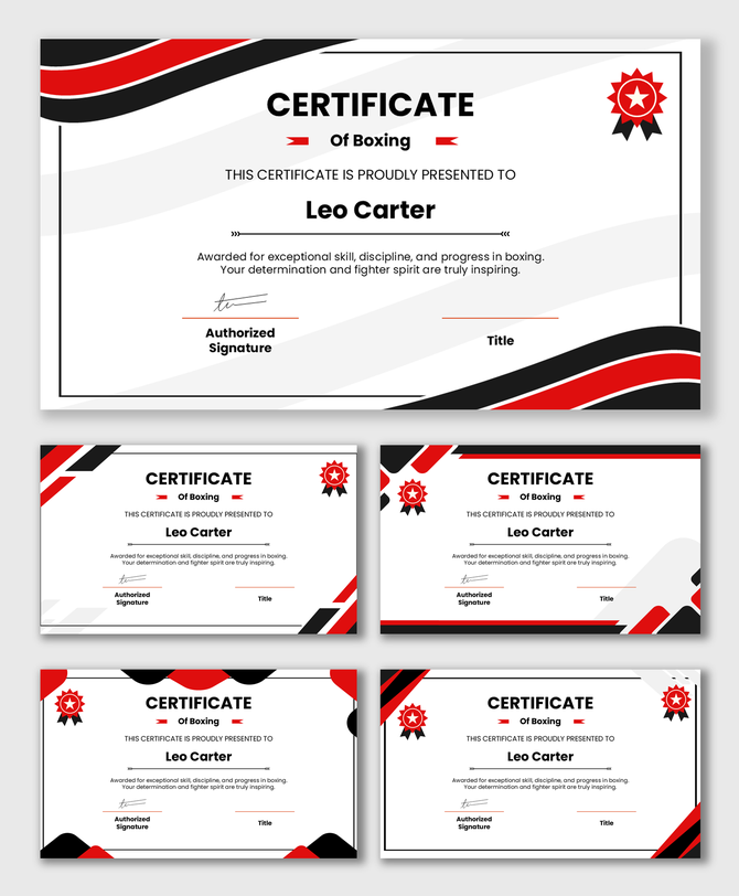 Boxing certificate template with red and black waves, star badge, name and date fields, signature, and editable award text.