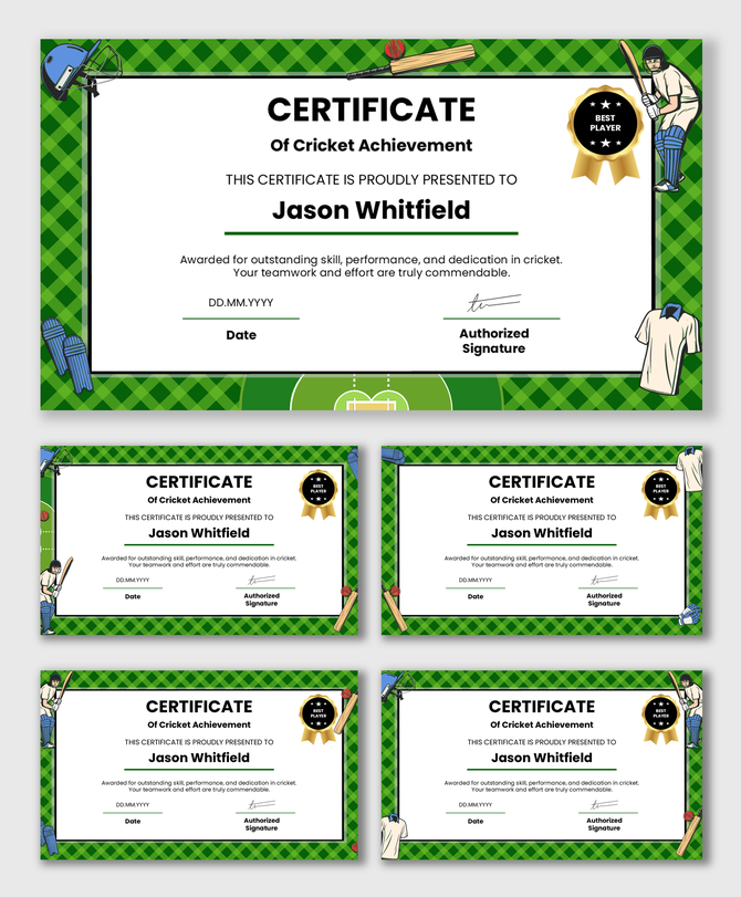 Cricket achievement certificate with green patterned border, bat, ball, helmet, pads, award badge, name space, and signature