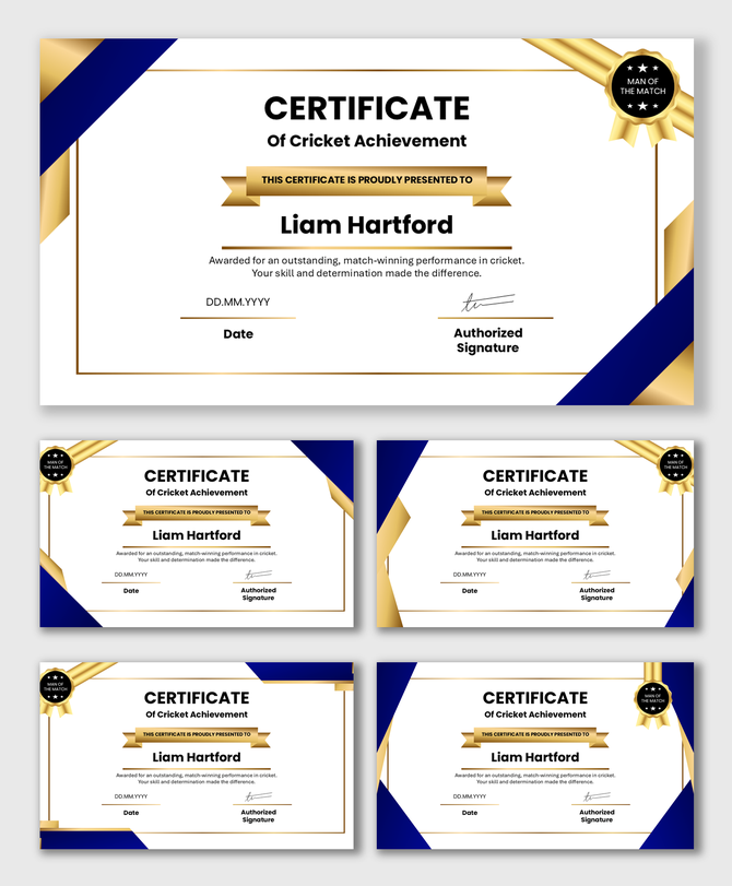 Cricket Man of the Match certificate with gold ribbon, blue borders, award badge, name area, date, and signature section.