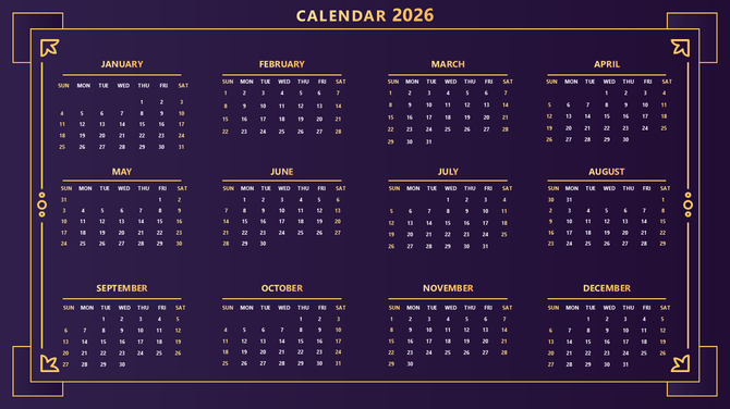 2026 PowerPoint calendar with twelve monthly grids on a soft peach floral background layout with design theme.