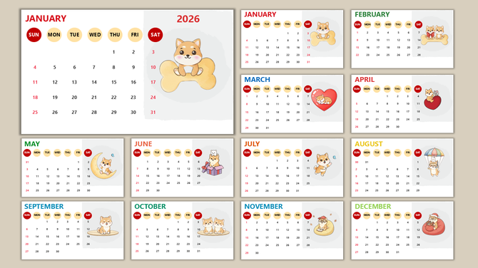 Cute 2026 calendar with puppy illustrations, rounded weekday icons, pastel colors, and monthly grid layout UI.