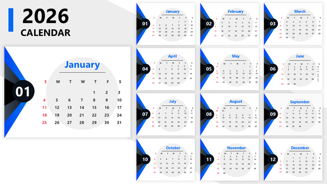 2026 PowerPoint calendar templates with circular month layouts, blue accents, clean grids, and bold numbered badges.