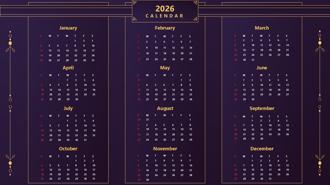 Printable 2026 calendar with dark purple theme, gold borders, elegant layout showing all months clearly design.