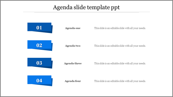 Four step agenda list with numbered blue banners, each aligned with bold agenda titles and descriptions on the right.