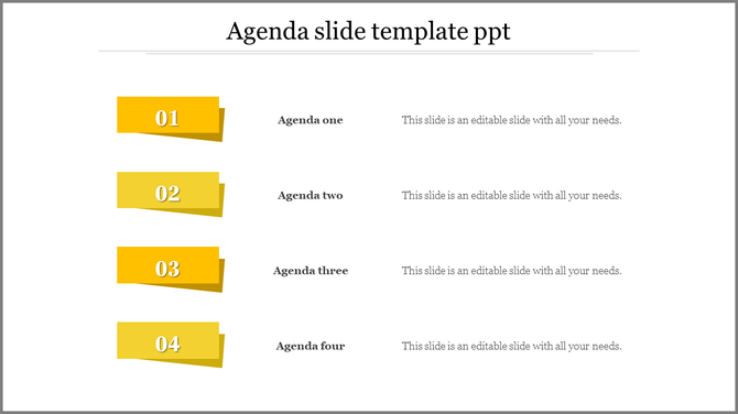 Agenda slide featuring four yellow banners with white numbers, aligned with agenda titles and descriptions on the right.