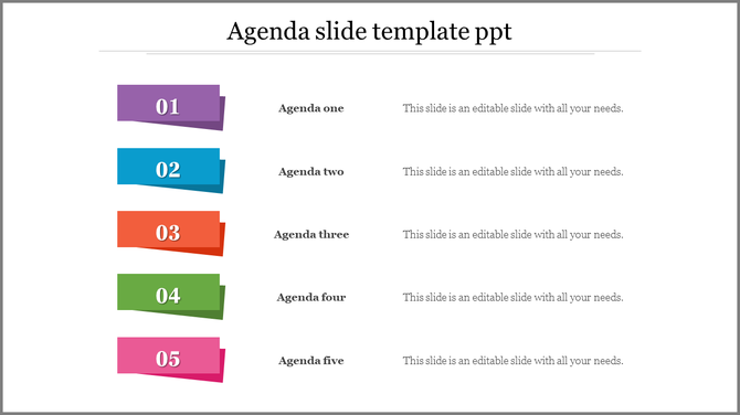 Agenda slide template with five colorful ribbon style labels numbered 01 to 05, and text descriptions on the right.