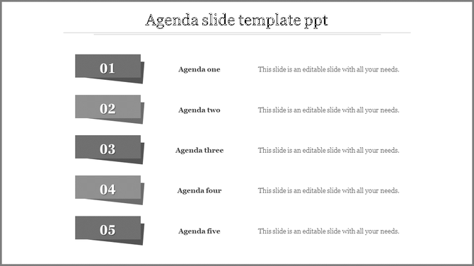 Agenda PPT slide with five numbered sections for different agenda items labeled in grey 1 through 5 with placeholder text.