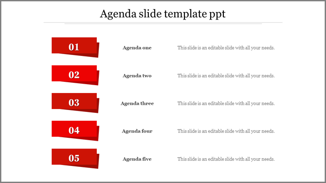 Vibrant red agenda slide with five numbered sections and folded banner style design for a clean presentation.