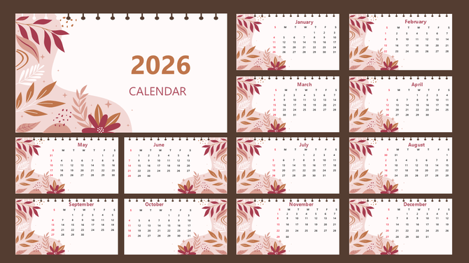 Monthly 2026 calendar with floral autumn theme, spiral binding style, pastel leaves, and clear monthly grids.