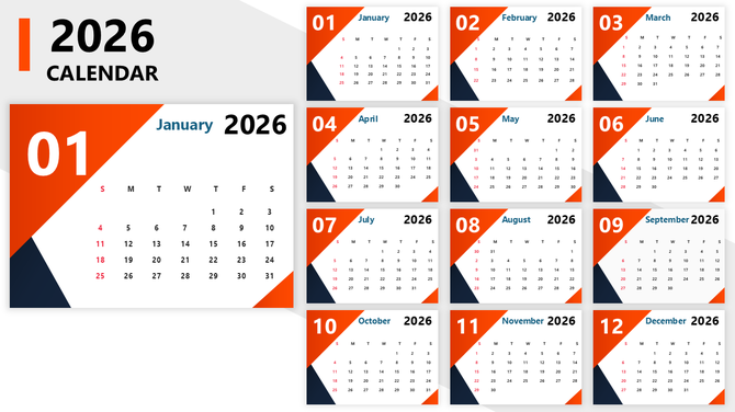 Free printable 2026 calendar with bold orange corner design, monthly grid layouts, clear weekdays, and large month numbers.