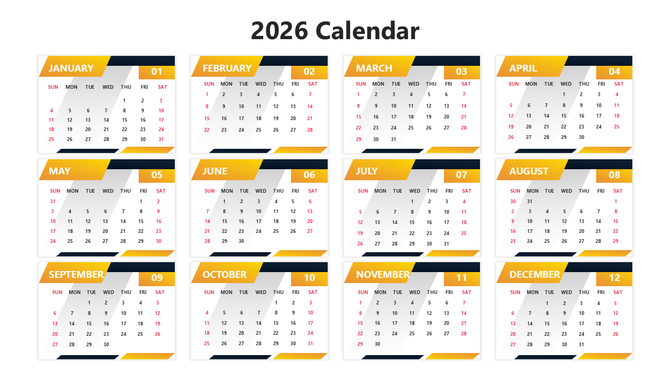 2026 monthly calendar with yellow black headers, clean grid layout, bold dates, weekend highlights, and modern style UI.