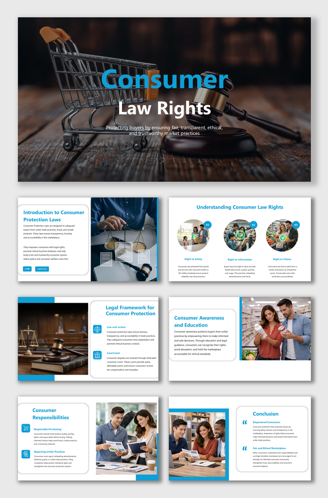 Consumer Law Rights presentation slides showing shopping cart, gavel, legal framework, rights, awareness today.