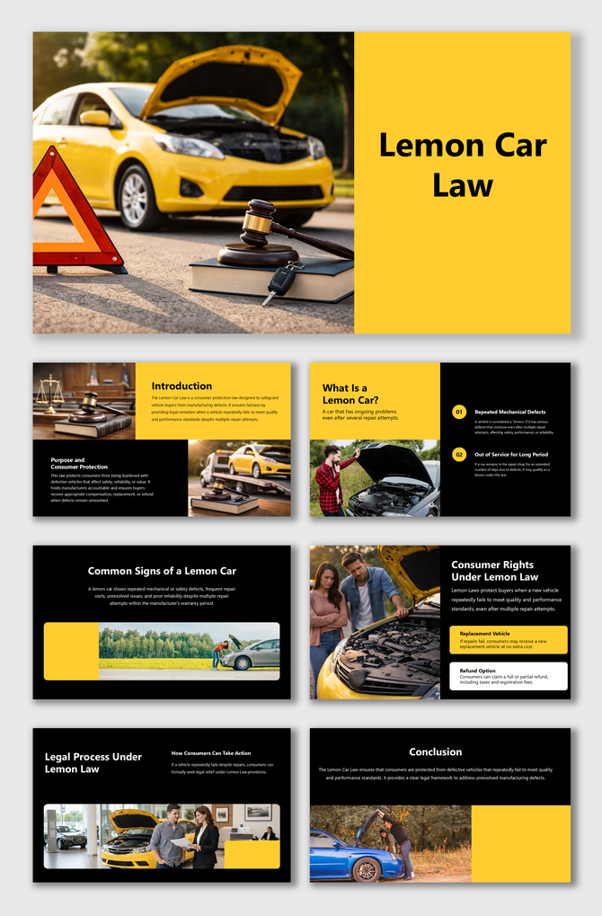 Lemon Car Law slides showing defective vehicle rights, repair failures, refunds, replacements and legal steps.