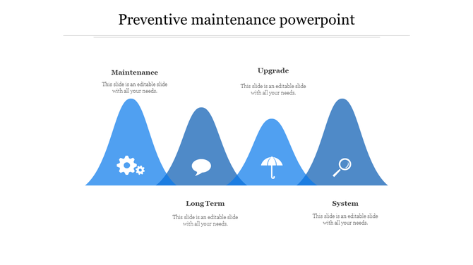 Preventive maintenance PPT slide featuring categories with blue colored mountain visuals and icons with captions.