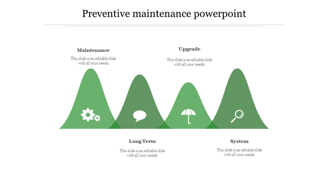 Four green peaks with preventive maintenance icons, including gears, a magnifying glass, and an umbrella, labeled with text. 