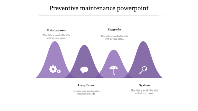 Preventive maintenance PowerPoint slide with purple mountain peaks from maintenance to system, with icons below each.