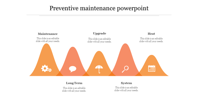 Preventive maintenance infographic with orange peaks labeled for key elements such as maintenance and heat.
