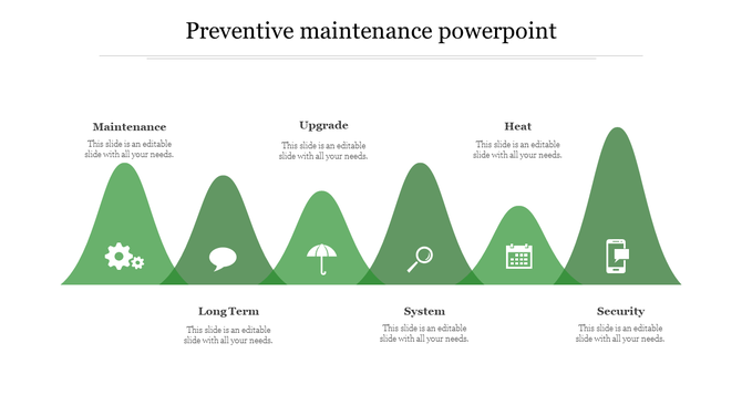 Preventive slide with six green mountain peaks, varying in height, featuring white icons and captions.