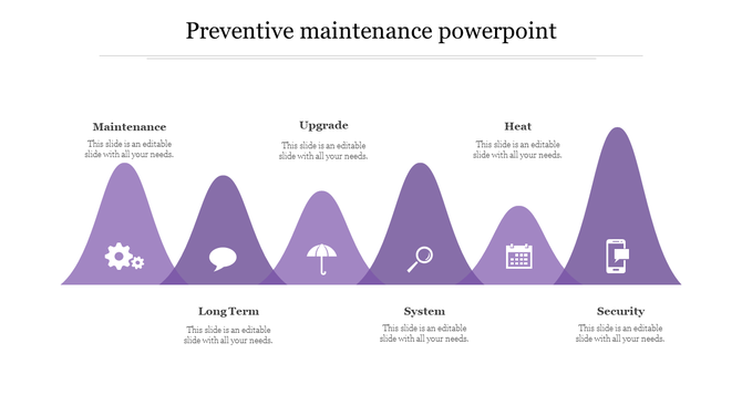 Preventive maintenance chart with six purple sections each labeled with an icon with placeholder text.