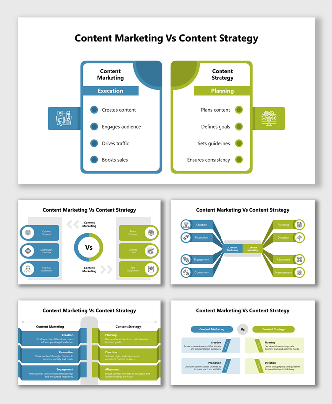 Content Marketing vs Content Strategy slides comparing execution, planning, goals, engagement and consistency.