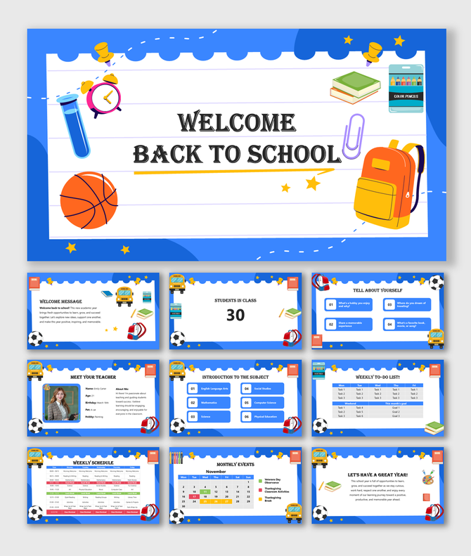 Welcome Back to School slides with colorful classroom icons, student intro, schedule, activities, and events layout.