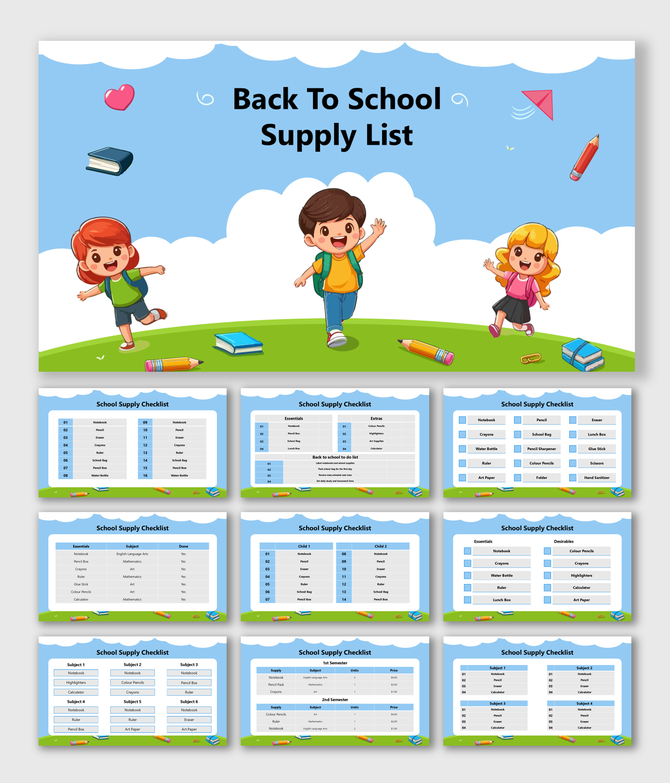 Back to School Supply List slides with kids illustration, checklist tables, essentials, extras, subjects today.