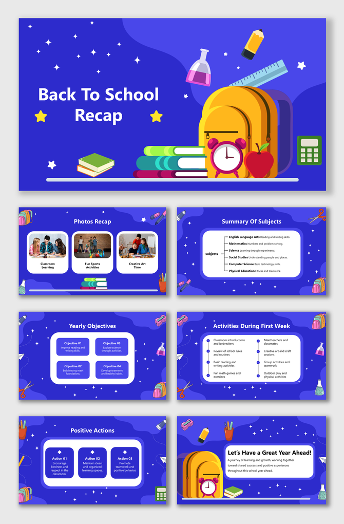 Back to School Recap slides with classroom activities, subjects summary, goals, actions and fun visuals today!