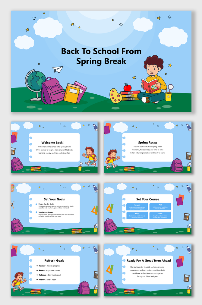 Back to School from Spring Break slides with kids illustration, goals, recap, motivation and learning plans!