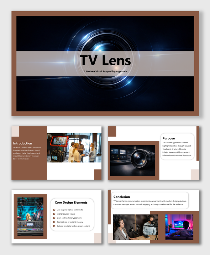 TV Lens presentation template with modern visuals, intro, purpose, design elements and conclusion slides today.