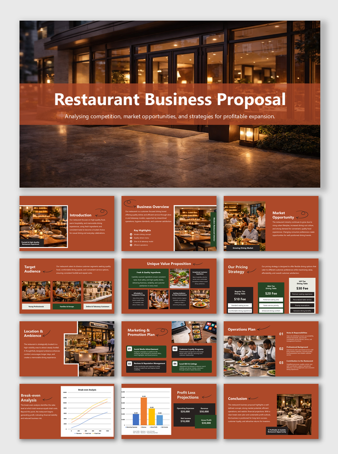 Restaurant Business Proposal slides dining space visuals, market analysis, pricing strategy, operations plan.