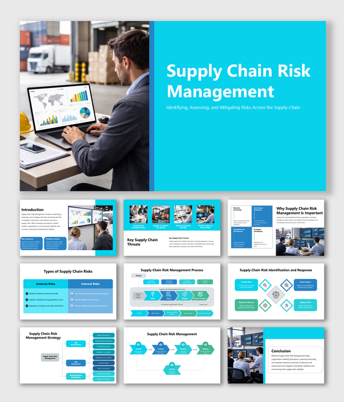 Supply Chain Risk Management slides showing risk identification, assessment, mitigation process and dashboards.