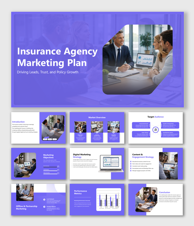 Insurance Agency Marketing Plan slides covering market overview, audience, digital strategy, metrics. insights now.
