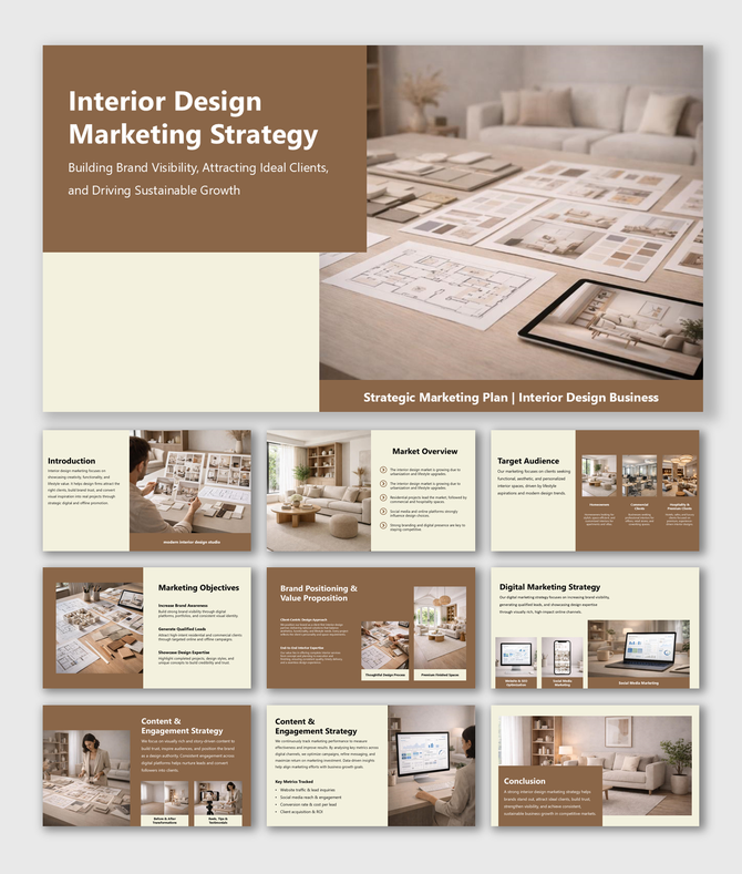 Interior Design Marketing Strategy slides covering brand positioning, audience, digital marketing and growth!