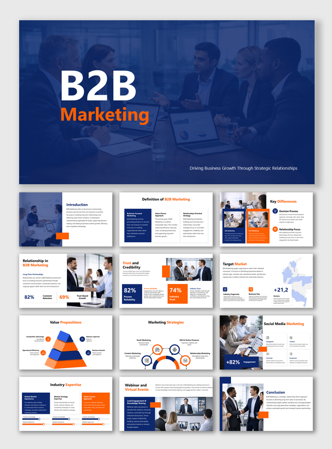 B2B Marketing slides showing strategies, relationships, value propositions, trust metrics and growth insights!