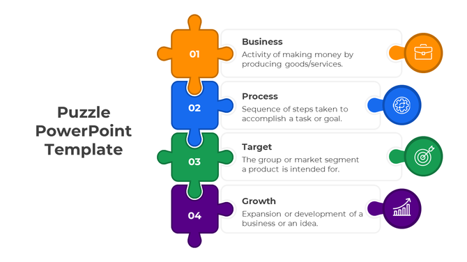 Puzzle PowerPoint template with four puzzle pieces, each representing a business concept from business to growth with icons.
