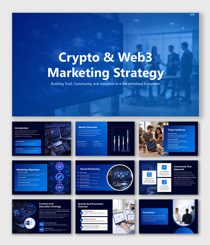 Crypto & Web3 Marketing Strategy slides covering trust, community building, growth channels adoption insights!
