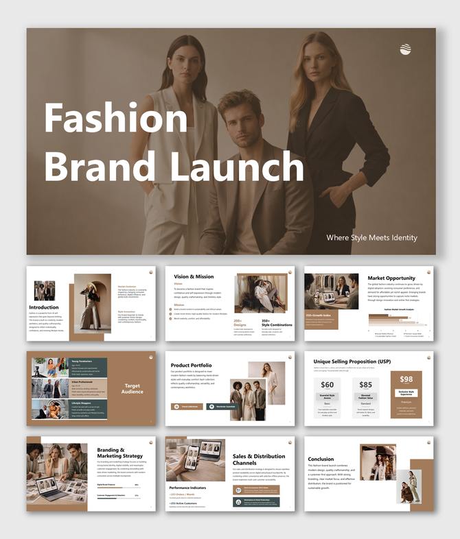 Fashion Brand Launch slides showcasing vision, audience, product portfolio, branding strategy and sales growth insights.