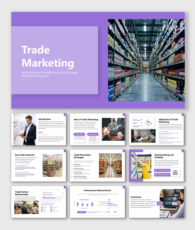 Trade Marketing slides highlighting channels, promotions, merchandising, partnerships, performance metrics and sales growth.