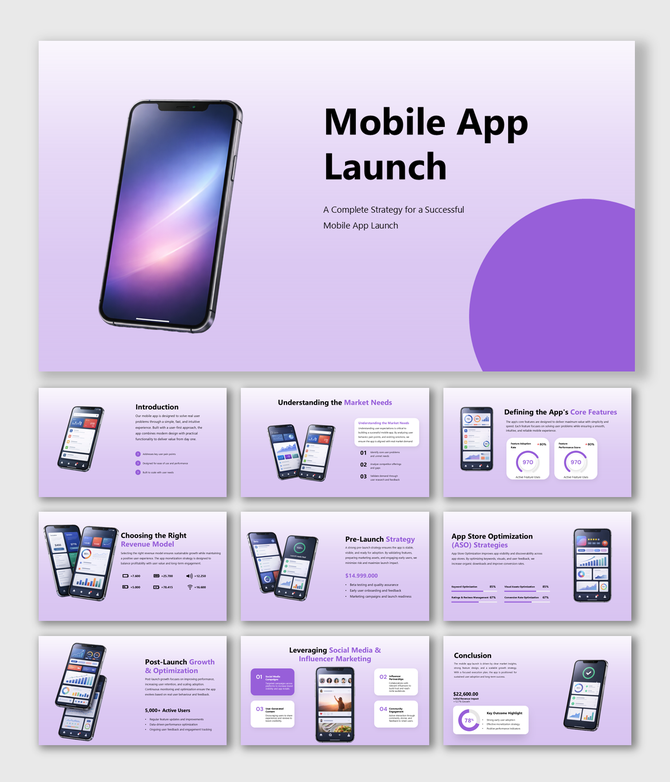 Mobile App Launch slides covering market needs, features, ASO, revenue models, growth strategy insights today!