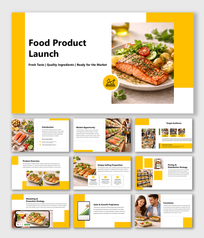 Food Product Launch slides covering market opportunity, target audience, pricing strategy and sales growth plan.