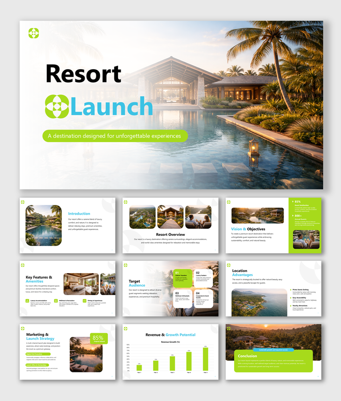 Resort Launch slides showcasing luxury destination overview, amenities, target audience, marketing strategy up.