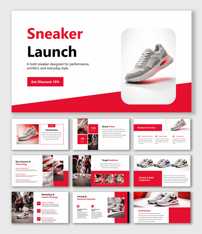 Sneaker Launch slides highlighting product features, target audience, marketing strategy and revenue potential.