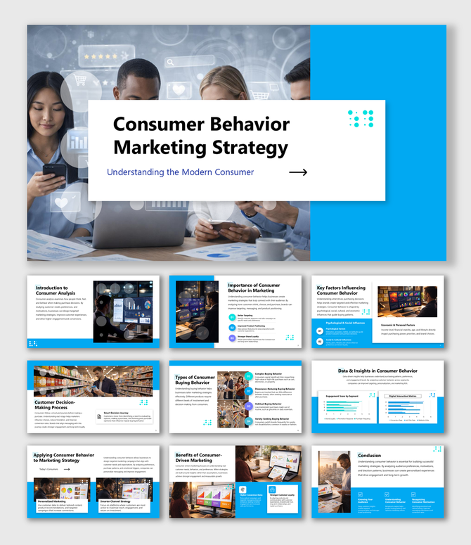 Consumer Behavior Marketing Strategy slides covering insights, buying behavior, data analysis and marketing use cases.