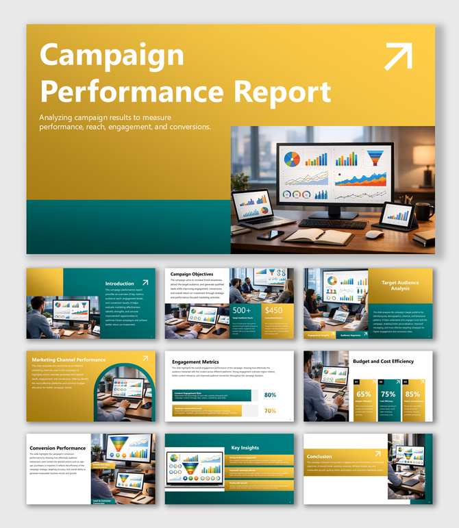 Campaign Performance Report presentation slides analyzing reach, engagement, conversions, and marketing channel results.
