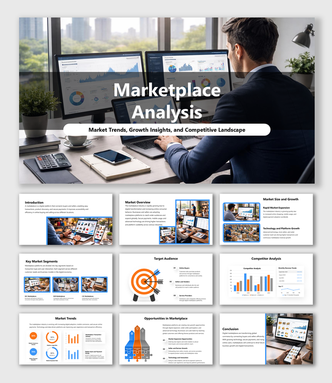 Marketplace analysis presentation slides with market trends, segments growth insights and rival data overview.