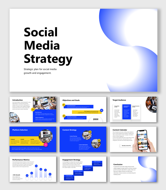 Social media strategy presentation template with content plan, audience targeting, engagement and metrics data.