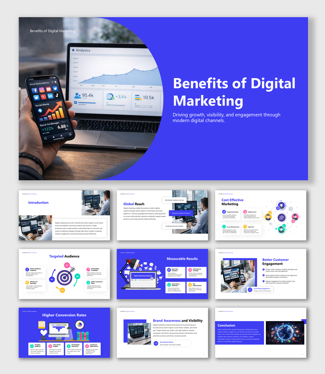Benefits of digital marketing presentation showing analytics dashboard, growth metrics, targeting and engagement insights.