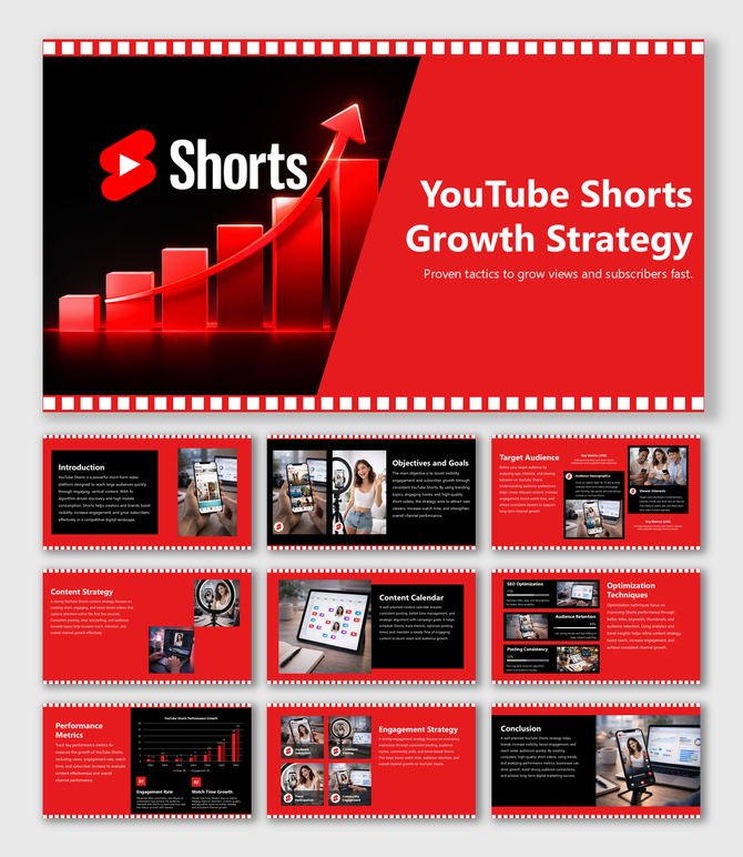 YouTube Shorts growth strategy presentation with content planning, optimization, engagement tactics and performance metrics.