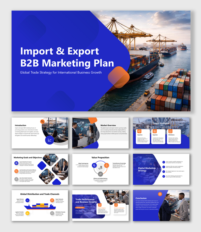 Import export B2B marketing plan slides covering trade strategy, global markets, distribution channels and growth insights.
